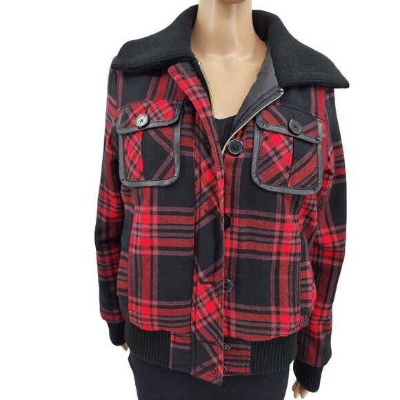 Southpole Red & Black Plaid Cropped Jacket With Ribbed, Women's Large - Picture 13 of 13